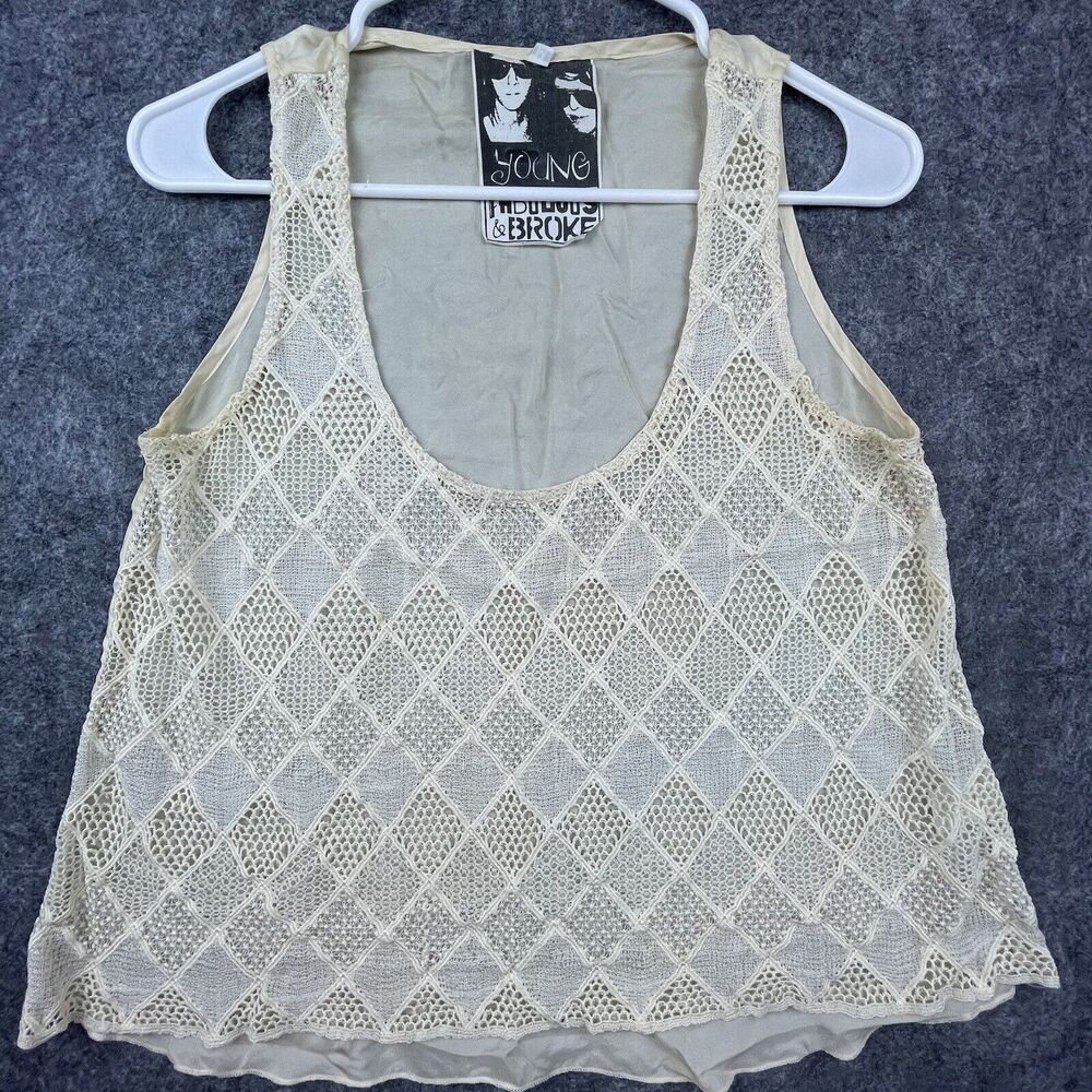 Young Fabulous & Broke Tank Top Womens Med Ivory Crochet Sheer Knit Boho Cottage